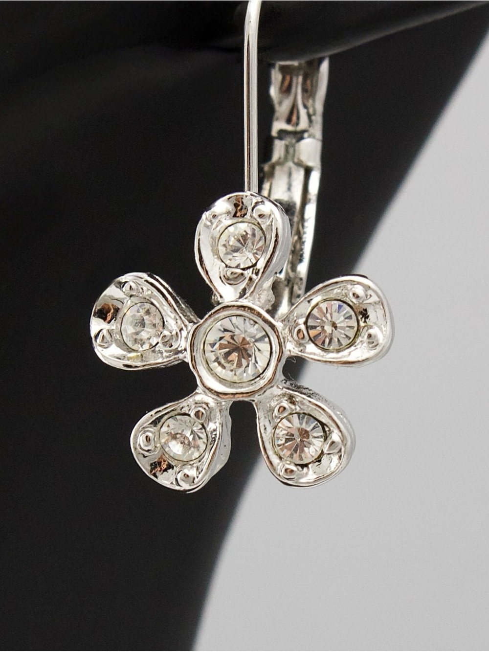 Joan Rivers Silver Tone Flower Leverback Earrings with Rhinestone